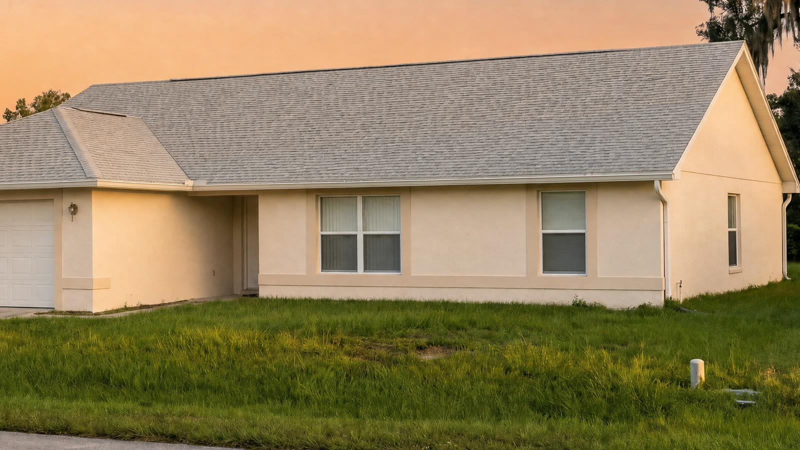 Shingle roof and stucco walls after a soft wash: even gray shingles, clean walls